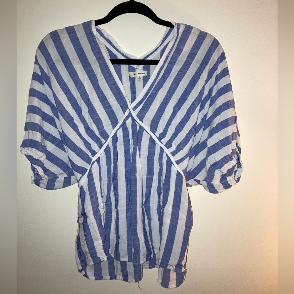 Navy Striped Tie-Back Short Sleeve Blouse